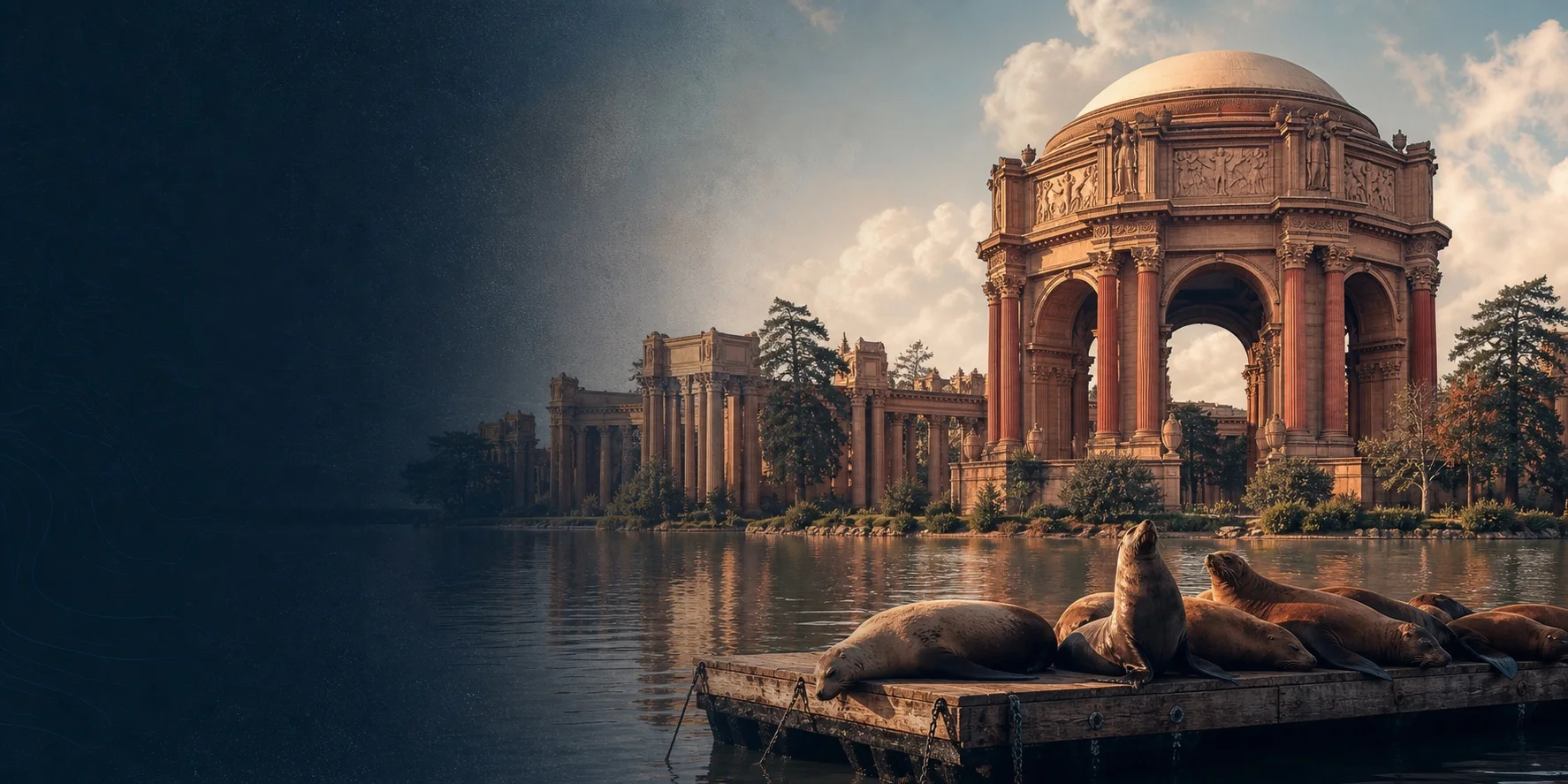 Editorial view of the Palace of Fine Arts in San Francisco with California sea lions beside the water